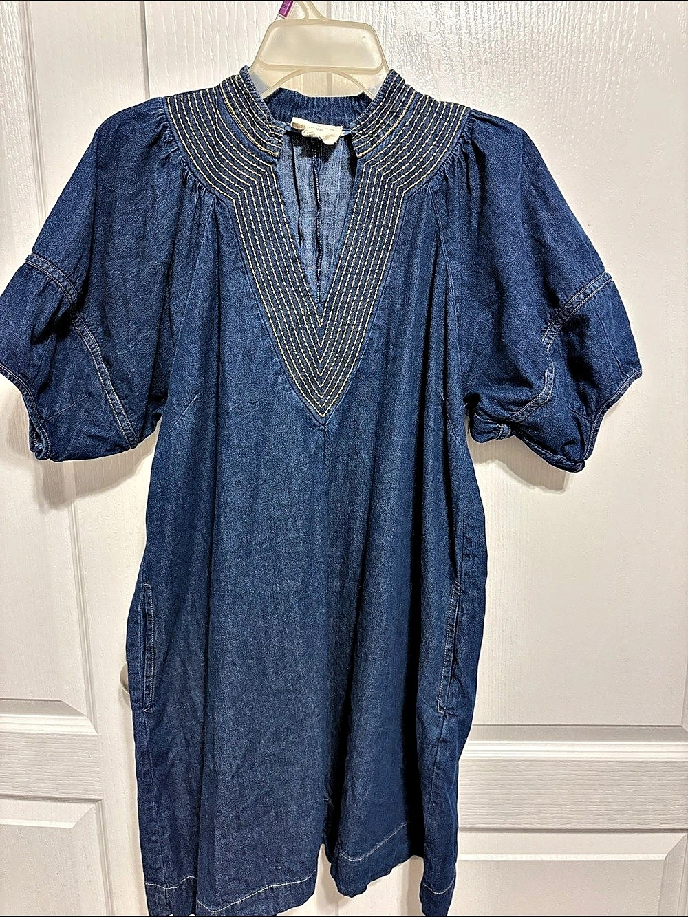 Umgee Print Denim Dress with Contrast Stitch Blue Small